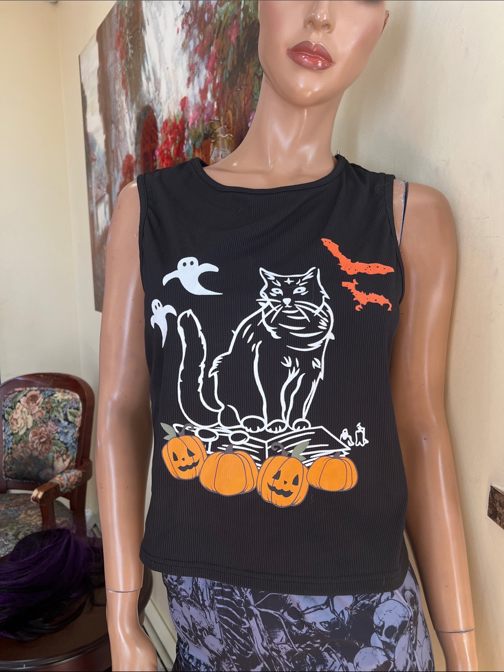Black Goth L Halloween Cat Pumpkin Graphic Tank Top Nwot